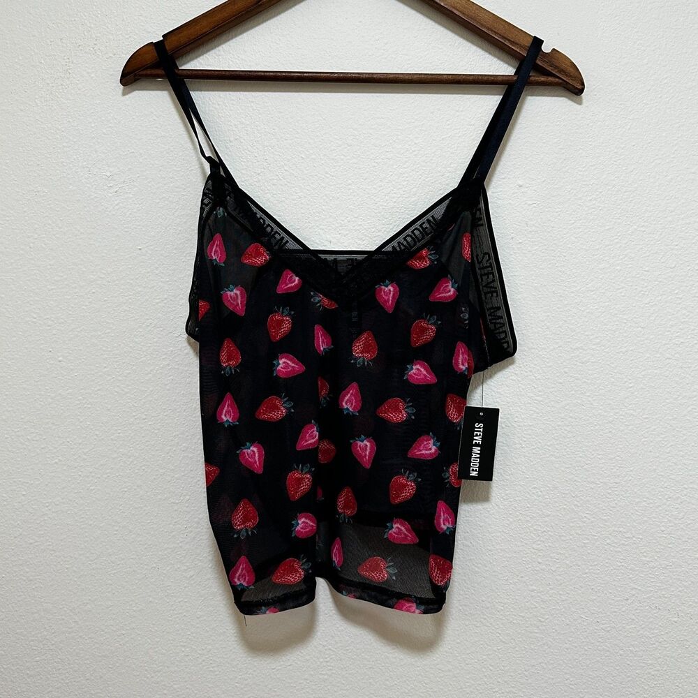 NWT Steve Madden Cami Pajama Top M Black‎ Lace Mesh Red Strawberry Sleeveless - Picture 2 of 9